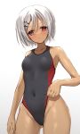  1girl absurdres adjusting_buruma adjusting_clothes adjusting_swimsuit amairo_islenauts bangs blush breasts buruma cameltoe closed_mouth collarbone competition_swimsuit covered_navel dark-skinned_female dark_skin eyelashes grey_hair groin hair_between_eyes hair_ornament hairpin highleg highres hinomiya_konoka looking_at_viewer ncontrail_(mgax7527) one-piece_swimsuit parted_bangs red_eyes short_hair simple_background small_breasts solo swimsuit thighs wavy_mouth white_background yuzu-soft 