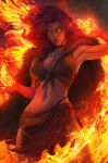  1girl armpits black_choker breasts cape choker fire firehair_(marvel) fur_cape glowing glowing_eyes highres long_hair looking_at_viewer marvel medium_breasts navel official_art open_mouth phoenix_(x-men) pyrokinesis realistic red_hair signature stanley_lau yellow_eyes 