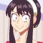  1girl :&gt; black_hair blurry blurry_background hairband hcnone headband long_hair looking_at_viewer looking_to_the_side red_eyes sidelocks smile solo spy_x_family sweat upper_body white_hairband white_headband yor_briar 