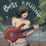  1girl bass_guitar black_hair blush breasts camisole chainsaw_man drooling forest highres himeno_(chainsaw_man) holding holding_instrument instrument large_breasts liowig looking_at_viewer midriff nature off_shoulder partially_undressed pine_tree saliva short_hair smile solo tree white_camisole 