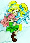  2girls absurdres armlet blonde_hair blush character_request closed_eyes cloud cloudy_sky curly_hair dreaming fairy floating green_shirt highres long_hair multiple_girls panel_de_pon pink_hair respect-wiz-msm shirt sky traditional_media windy_(panel_de_pon) 