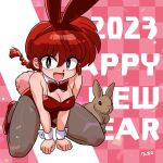  1girl 2023 animal_ears blue_eyes borrowed_character bow bowtie braid braided_ponytail breasts brown_pantyhose checkered_background cleavage detached_collar happy_new_year highres large_breasts leotard long_hair pantyhose playboy_bunny rabbit rabbit_ears rabbit_tail ranma-chan ranma_1/2 red_footwear red_hair red_leotard smile strap tail wanta_(futoshi) wrist_cuffs 