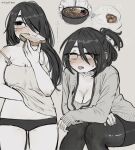  1girl anajudraws artist_name black_eyes black_hair black_panties black_pantyhose blush breasts cleavage closed_eyes curry curry_rice eating folded_ponytail food grey_sweater hand_under_clothes hand_under_shirt invisible_chair lanyard noodles pale_skin panties pantyhose ramen rice shirt sitting standing sweat sweater toast underwear 