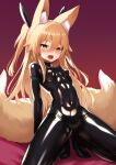  1girl animal_ear_fluff animal_ears blonde_hair blush breasts catsuit embarrassed fang fox_ears fox_girl fox_tail green_eyes heart heart-shaped_pupils highres kneeling kokonoe_tsubaki long_hair looking_at_viewer multiple_tails nose_blush open_mouth original small_breasts solo spread_legs symbol-shaped_pupils tail two_side_up two_tails yoshizawa_tsubaki 