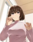  1girl bangs blue_eyes blush breasts brown_hair closed_mouth curtains day hair_between_eyes holding indoors long_sleeves looking_at_viewer mattaku_mousuke medium_breasts mimikaki original ribbed_sweater solo sunlight sweat sweater turtleneck turtleneck_sweater upper_body white_sweater window 