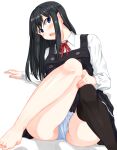  1girl asashio_(kancolle) barefoot black_dress black_hair black_thighhighs blue_eyes collared_shirt commentary_request dress dress_shirt highres izumo_konata kantai_collection long_hair long_sleeves looking_at_viewer panties pinafore_dress shirt short_sleeves simple_background single_thighhigh sitting solo thighhighs underwear white_background white_panties white_shirt 