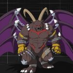  1:1 abs anthro bandai_namco belphemon_(rage_mode) belt bovid brown_body brown_fur caprine chain claws demon digimon fur goat hi_res horn male mammal muscular muscular_anthro muscular_male pecs red_eyes riseson solo wings 