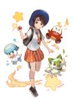  1girl absurdres backpack bag bangs black_footwear blue_headwear braid brown_eyes brown_hair closed_mouth collared_shirt commentary_request fuecoco hand_up hat highres holding holding_poke_ball juliana_(pokemon) knees looking_at_viewer necktie orange_necktie orange_shorts poke_ball poke_ball_(basic) pokemon pokemon_(creature) pokemon_(game) pokemon_sv quaxly shirt shoes shorts signature smile socks sprigatito star_(symbol) starter_pokemon_trio white_background white_socks yugo_(yuno65) 