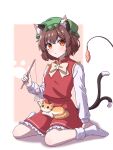  1girl :/ :3 animal_ear_fluff animal_ears arm_at_side arm_up bangs bobby_socks bow bowtie breasts brown_eyes brown_hair cat cat_ears cat_tail cat_teaser chen closed_mouth commentary crossed_bangs earrings frills full_body gold_trim green_headwear hair_between_eyes hand_up hat highres hihi_(cvwv4322) jewelry light_blush long_sleeves looking_at_viewer mob_cap multiple_tails nekomata paw_print petticoat pink_background playing red_skirt red_vest short_hair simple_background single_earring sitting skirt skirt_set slit_pupils small_breasts socks solo tail touhou two_tails vest wariza white_background white_bow white_bowtie white_socks 