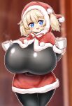 1girl alternate_costume belt black_bodysuit black_pantyhose blonde_hair blue_eyes blurry blush bodysuit breasts bright_pupils capelet christmas coffee coffee_mug cup depth_of_field ella_of_the_sky enostal fur_trim gigantic_breasts hair_through_headwear hat highres holding holding_cup last_origin miniskirt mug open_mouth oppai_loli pantyhose red_capelet red_hood santa_costume santa_hat shortstack skirt smile solo steam taut_clothes twintails 