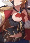  1girl belt bow breasts breasts_out brown_hair cape crossed_arms granblue_fantasy head_out_of_frame highres lecia_(granblue_fantasy) morisobo navel nipples red_bow simple_background solo white_background 