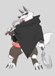  anthro black_sclera bodily_fluids canid canine canis cloak clothing death_(puss_in_boots) dripping erection genital_fluids hi_res hupi1008 licking male mammal precum precum_drip red_eyes sickle solo tongue tongue_out wolf wristband 