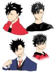  1boy bangs black_eyes black_hair black_shirt blazer blue_jacket closed_mouth collared_shirt haikyuu!! high_collar jacket kuroo_tetsurou long_sleeves namo necktie nekoma_volleyball_uniform open_mouth red_jacket school_uniform shirt short_hair smile striped_necktie teeth upper_teeth_only white_background 