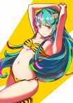  1girl absurdres animal_print aqua_hair armpits arms_up bikini breasts closed_mouth highres horns itou_kazuki leg_up long_hair lum multicolored_hair navel oni oni_horns own_hands_together print_bikini print_footwear simple_background skindentation smile solo strapless strapless_bikini swimsuit tiger_print underboob urusei_yatsura very_long_hair yellow_bikini yellow_eyes 