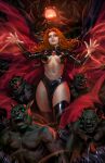  1girl 6+others black_dress black_thighhighs dcwj dress gem goblin highres long_hair long_sleeves madelyne_pryor marvel midriff monster multiple_others navel official_art open_mouth realistic red_gemstone red_hair signature teeth thick_thighs thighhighs thighs 