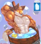  abs anthro bath bathing biceps big_muscles bubble bulk canid canine clothed clothing digital_media_(artwork) dipstick_tail english_text epic_games fennix_(fortnite) fortnite fox fur glowing glowing_eyes hi_res huge_muscles ludren male mammal markings muscular muscular_anthro muscular_male orange_body orange_fur partially_submerged pecs rubber_duck simple_background solo tail tail_markings text topless topless_male water 