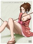  ass azasuke bdsm blush bondage bound bound_legs breast_slip breasts brown_hair eyes_closed female fuu gag highres japanese_clothes kimono nipples no_bra no_panties one_breast_out open_clothes rope samurai_champloo sandals sitting solo toes 