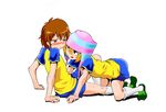  2boys blush child fortis222 handa_shin'ichi handa_shinichi hat highres inazuma_eleven inazuma_eleven_(series) male_focus matsuno_kuusuke multiple_boys shota sitting sweat uniform yaoi 