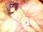  1girl bed blush game_cg green_eyes hana_to_otome_ni_shukufuku_wo lying mutou_kurehito nipples panties solo topless underwear 