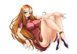  blue_eyes blush bracelet breasts china_dress chinese_clothes dress earrings ghost_sweeper_mikami impossible_clothes impossible_shirt isao jewelry large_breasts legs long_hair mikami_reiko orange_hair panties purple_panties shirt smile solo underwear 