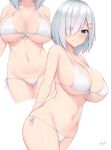  1girl bare_shoulders bikini blue_eyes blush breasts cameltoe closed_mouth collarbone erect_nipples hair_ornament hair_over_one_eye hairclip hamakaze_(kantai_collection) highres kantai_collection kuavera large_breasts looking_at_viewer multiple_views navel short_hair silver_hair simple_background smile solo swimsuit thighs white_background white_bikini 