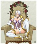  armor azasuke boots breasts cameltoe chair elbow_gloves erect_nipples female flower full_body gauntlet gauntlets gloves green_eyes hair_over_one_eye highres isabella_valentine leg_lift leotard lipstick looking_at_viewer makeup midriff navel rose see-through short_hair sitting solo soul_calibur soulcalibur_iii spread_legs thigh_boots thighhighs vine vines white_hair 