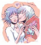  1boy 1girl black_hair capcom couple dante dante_(devil_may_cry) devil_may_cry devil_may_cry_3 dress_shirt eyes_closed female gift jewelry lady lady_(devil_may_cry) male necklace open_mouth present shirt short_hair unitedflavors white_hair white_shirt 