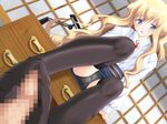  1boy 1girl blonde blonde_hair censored feet footjob footwear game_cg indoors panties penis socks thighs underwear 