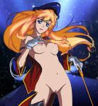 1girl bangs blonde_hair blue_coat blue_eyes blue_hat blurry blurry_background breasts cleft_of_venus coat contrapposto earrings ebata_ryouma floating_hair gloves hat jewelry large_breasts lipstick long_hair looking_at_viewer macross macross_frontier makeup medium_breasts military military_uniform naked_coat off_shoulder open_clothes open_coat peaked_cap pink_lips pink_lipstick sheryl_nome solo space standing star_(sky) third-party_edit uncensored uniform white_gloves 