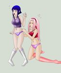  &hearts; 2girls artist_request blue_hair blush breasts byakugan green_eyes haruno_sakura heart hyuuga_hinata multiple_girls naruto panties pink_hair stockings thighhighs tongue underwear white_eyes yuri 