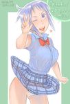  blue_eyes blue_hair heart one_eye_closed original plaid plaid_skirt purple_hair short_hair skirt solo upskirt v wind wind_lift zenkou 