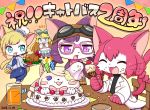  1boy 3girls anniversary blonde_hair blue_eyes cake cat cat_busters food furry multiple_girls open_mouth pink_hair powaito purple_eyes 