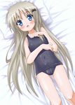  blue_eyes blush brown_hair cum cum_on_body cum_on_clothes cum_on_lower_body little_busters! long_hair noumi_kudryavka school_swimsuit solo swimsuit 