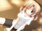  1girl bike_shorts blonde_hair character_request game_cg mashiro_botan shadow shiraishi_yukana sitting solo source_request twintails wink yellow_eyes 