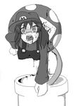  1girl bad_end blood blush breasts female genderswap guro hanging_breasts hat mario mario_(series) monochrome nintendo overalls solo super_mario_bros. vore 