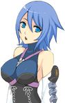  :o aqua_(kingdom_hearts) bangs bare_shoulders blue_eyes blue_hair breasts covered_nipples detached_sleeves hair_between_eyes impossible_clothes kingdom_hearts kingdom_hearts_birth_by_sleep lang_(chikage36) lips looking_away looking_to_the_side medium_breasts no_bra open_mouth ribbon short_hair simple_background solo teeth turtleneck upper_body white_background white_ribbon 