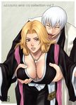  azasuke beauty_mark bleach blonde_hair blue_eyes breast_grab breasts cleavage closed_eyes erect_nipples eyes_closed grabbing groping highres huge_breasts ichimaru_gin japanese_clothes jewelry leaning_forward long_hair matsumoto_rangiku mole necklace no_bra short_hair tongue white_hair 