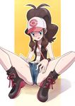  baseball_cap blue_eyes blush brown_hair denim female gradient gradient_background hat pokemon pokemon_(game) pokemon_black_and_white pokemon_bw ponytail ryunryun shorts simple_background solo spread_legs sweat touko_(pokemon) vest white_(pokemon) wristband 