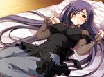  1girl amakura bed blush breasts game_cg hair_over_one_eye long_hair lying mikage_(toppara) on_back pillow pillows purple_hair red_eyes solo toppara very_long_hair 