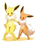  2girls animal_ears barefoot blush breasts cleavage eevee feet female furry hand_holding holding_hands jolteon kagerofu multiple_girls nude paws pokemon pokemon_furry tail toes 