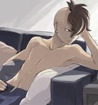  1boy bored brown_hair chest couch fudou_akio inazuma_eleven inazuma_eleven_(series) indoors male male_focus mohawk shirtless solo 