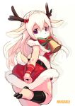  1girl absurdres animal_ears antlers artist_name barefoot bell belt christmas commentary covering covering_ass dress dress_tug from_behind furry highres leg_up long_hair looking_back magiace original purple_eyes red_dress reindeer_antlers reindeer_ears reindeer_tail santa_costume short_dress solo tail watermark white_hair 