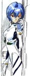  ayanami_rei blue_hair breasts female neon_genesis_evangelion partially_colored plugsuit red_eyes sadamoto_yoshiyuki short_hair solo 