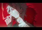  1boy aohitsugi_samatoki cigarette hypnosis_mic piercing red_eyes shirt smoking white_hair white_shirt 