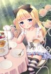 1girl alice_(alice_in_wonderland) alice_in_wonderland apron blonde_hair blue_eyes blue_skirt blur_censor blush breasts censored chair chitosezaka_suzu collarbone commentary_request cup flower food frilled_apron frilled_skirt frills grass holding holding_cup long_hair looking_at_viewer macaron nipples on_chair parted_lips pink_flower pink_rose rose sandwich saucer sitting skirt small_breasts solo spoon striped striped_thighhighs teapot thighhighs tiered_tray topless very_long_hair waffle white_apron wrist_cuffs 