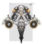  1girl android arms_at_sides center_opening circular_saw donxxxs dress facial_mark full_body grey_background highres joints medium_hair orange_eyes original oversized_forearms oversized_limbs robot_joints saw solo two-tone_background weapon white_background white_dress white_hair 