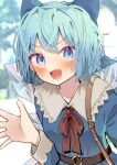  1girl :d bag bangs belt blue_bow blue_dress blue_eyes blue_hair blurry blurry_background bow cirno collared_dress commentary dress fang frilled_shirt_collar frills hair_bow ice ice_wings long_sleeves looking_at_viewer medium_hair neck_ribbon open_mouth outdoors red_ribbon ribbon shoulder_bag skin_fang smile solo tamagogayu1998 touhou upper_body v-shaped_eyebrows wings 