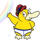  anthro barefoot blue_seam_briefs blue_seam_underwear blush bodily_fluids briefs briefs_only bulge clothed clothing colored_seam_underwear eyewear feathers feet generation_1_pokemon goggles hat headgear headwear low_res male membrane_(anatomy) nintendo nishi_oxnard nishioxnard pokemon pokemon_(species) psydork psyduck rainbow simple_background smile solo sparkles sweat tighty_whities topless underwear underwear_only webbed_feet webbed_hands white_background white_briefs white_clothing white_underwear yellow_body yellow_feathers 