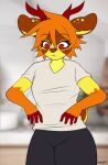  2023 animated anthro bouncing_breasts breast_squish breasts brown_body brown_fur clothed clothing deer female fur hair horn mammal moonfluffmf multicolored_body nipples orange_body orange_fur orange_hair partially_clothed presenting red_eyes shirt solo squish topwear yellow_body yellow_fur 