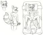  anthro anus bed bedroom_eyes breasts butt clothing dogwash female floral_pattern furniture genitals graphite_(artwork) leg_grab looking_back lying mammal markings narrowed_eyes nipples nude on_bed panties pencil_(artwork) pillow presenting presenting_pussy procyonid pussy raccoon rear_view seductive smile solo striped_markings striped_tail stripes tail tail_markings traditional_media_(artwork) underwear undressing 